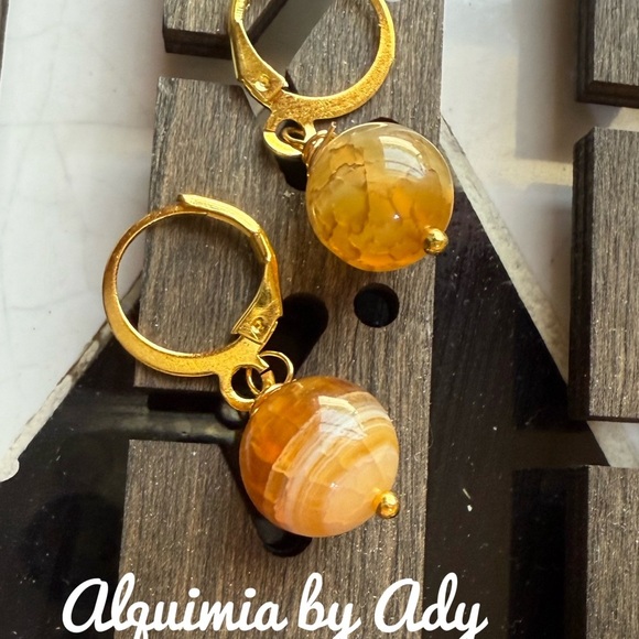 Gold and orange lace agate Hoop Earrings - Picture 1 of 1